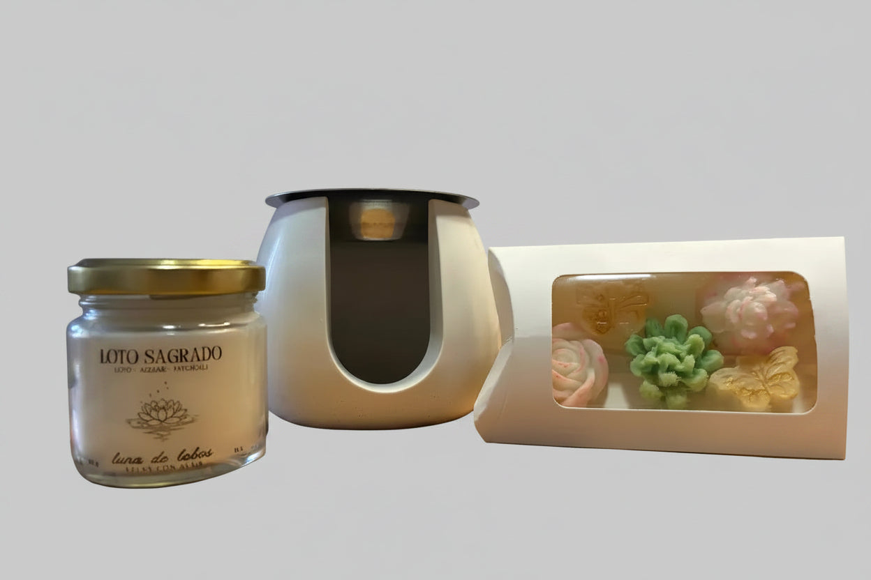 Pack “Un regalo con alma” Quemador Piedra Blanca + Vela + Wax Melts Florales