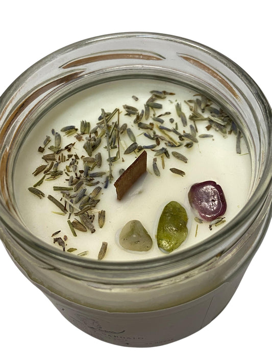 Vela aromaterapia de Lavanda y Sándalo con piedras energéticas