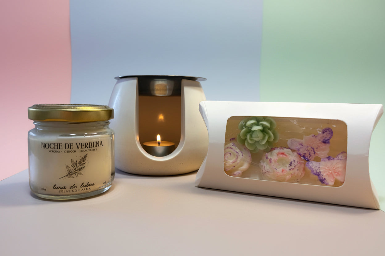 Pack “Un regalo con alma” Quemador Piedra Blanca + Vela + Wax Melts Florales