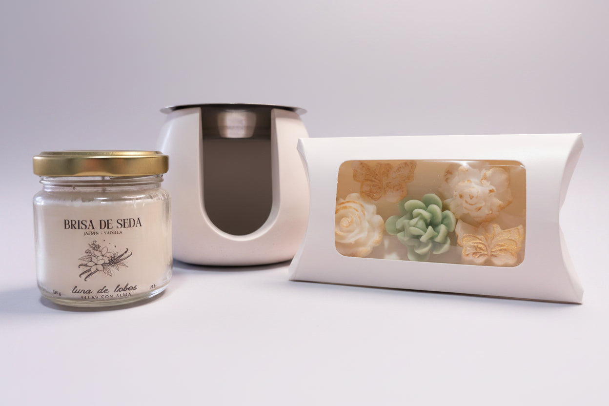 Pack “Un regalo con alma” Quemador Piedra Blanca + Vela + Wax Melts Florales