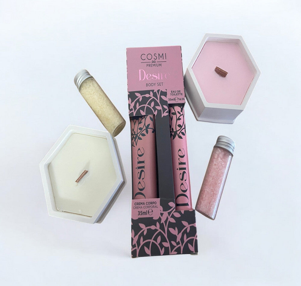 Set de baño Gel y Colonia Desire Cosmi, velas de flores de Luna de Lobos y sales de baño de Flor de Mayo.