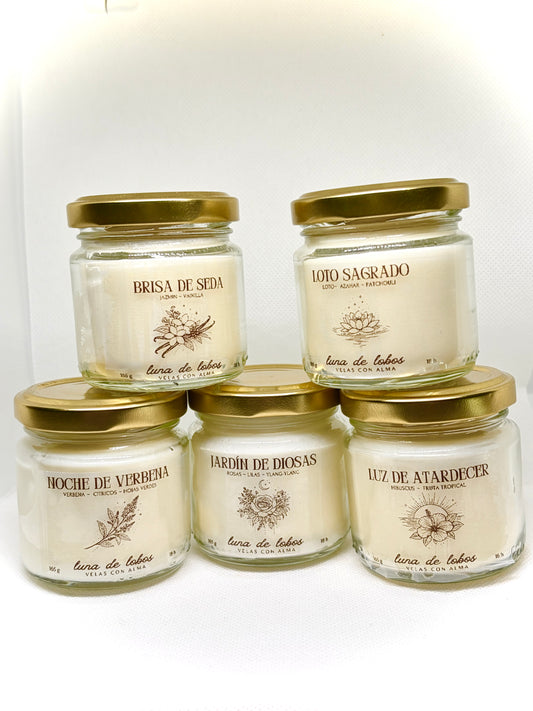 Pack velas aromáticas primavera (5 velas 165g) – colección completa | Luna de Lobos