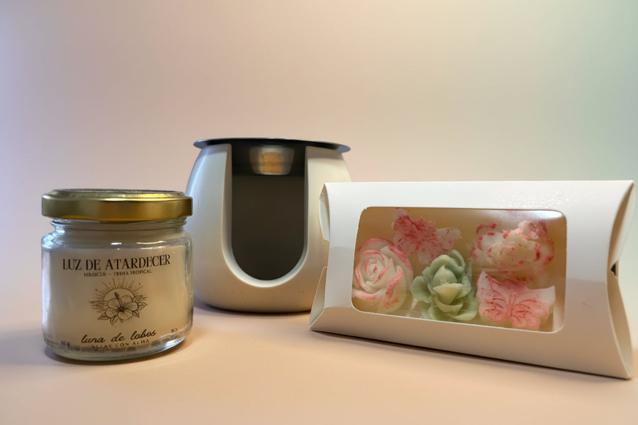 Pack “Un regalo con alma” Quemador Piedra Blanca + Vela + Wax Melts Florales