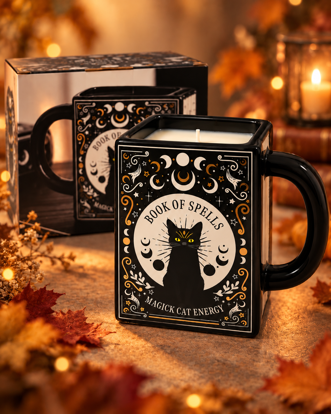 Vela aromática Pumpkin Spice Book of Spells con caja en ambiente otoñal y místico